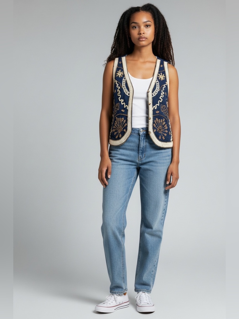 Carole Little Vintage Boho Navy Beaded Embellished Vest with Cream Trim